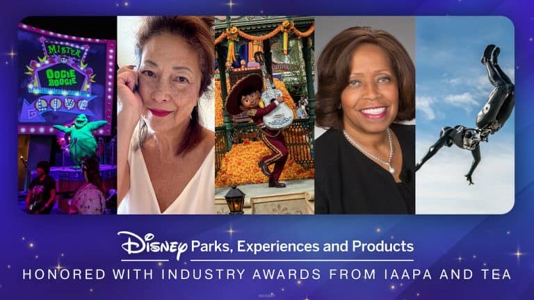 A vibrant collage showcasing iconic Disney Parks attractions, two female Cast Members, and a live performer, accompanied by highlights of recent industry awards earned by Disney Parks.