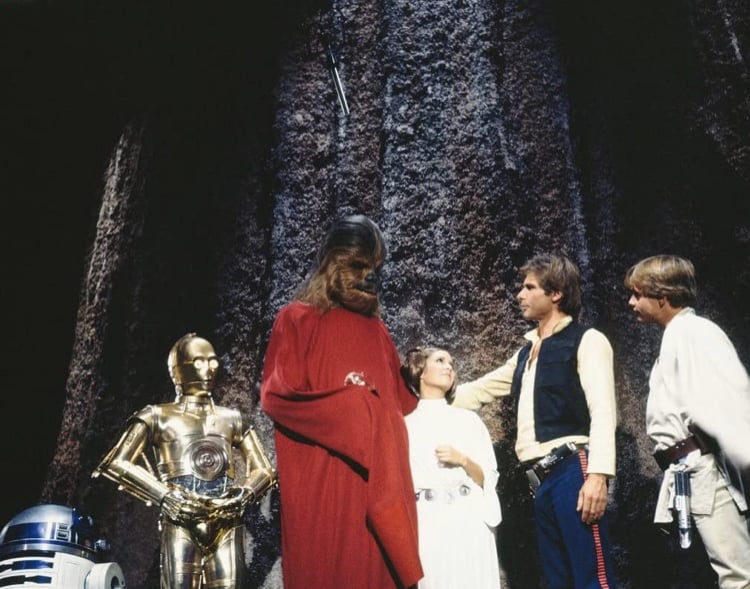 Beloved Star Wars characters gather alongside a robed figure reminiscent of the Star Wars Holiday Special, set against dramatic, rocky scenery—capturing the magic and nostalgia fans experience at themed entertainment attractions.