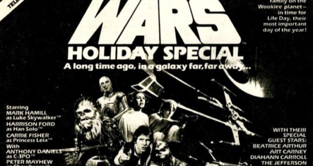 A black-and-white Star Wars Holiday Special event poster, showcasing favorite characters alongside attraction details and entertainment highlights.