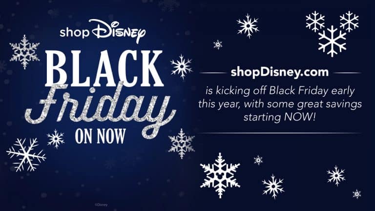 ShopDisney Black Friday sale promo featuring sparkling snowflakes and shopDisney website details on a midnight blue backdrop, evoking Disney holiday magic for fans of the parks and movies.
