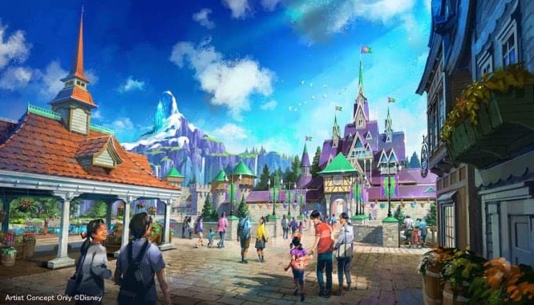 Vibrant fantasy village bustling with guests, framed by a majestic castle, rolling mountains, and a bright blue sky arched with a rainbow—evoking the enchanting atmosphere and excitement of a day at Disney Parks.