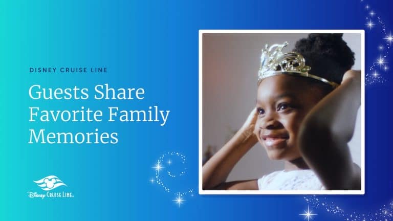 A young girl wearing a sparkling tiara beams with joy beside a Disney Cruise Line banner celebrating magical family memories.