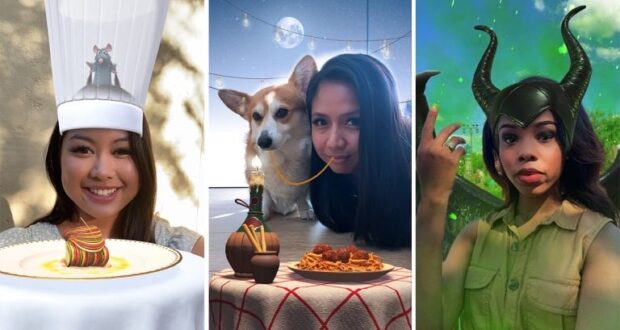 Three guests enjoy whimsical AR filters inspired by iconic characters and movies: one dons Remy’s chef hat from Ratatouille, another shares a spaghetti strand with Lady from Lady and the Tramp, and the third sports Maleficent’s dramatic horns, capturing the Disney magic.