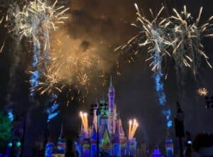 Fireworks dazzle over Cinderella Castle at Magic Kingdom, casting a brilliant glow on the park during an epic nighttime spectacular—the ultimate finale to a day of Disney enchantment and timeless storytelling.