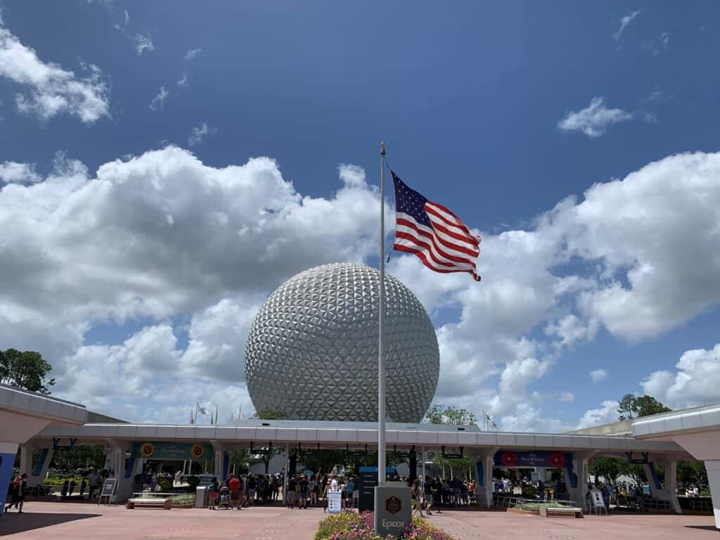 An American flag at the entrance to EPCOT