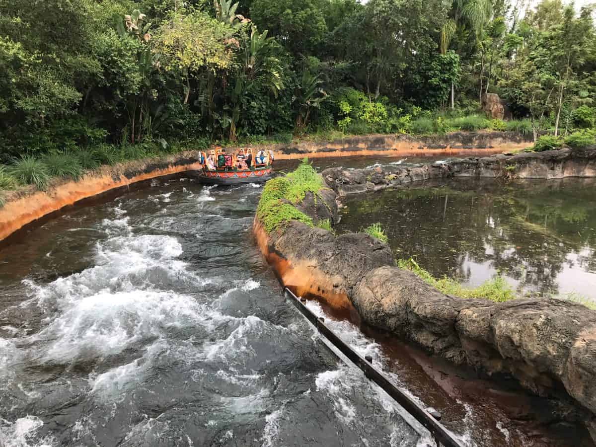 Thrill-seekers aboard a Kali River Rapids raft navigate the rushing, twisting waters surrounded by lush jungle scenery, as anticipation builds for this iconic Disney’s Animal Kingdom attraction’s long-awaited reopening.