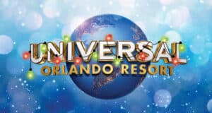 Universal Studios Orlando Resort logo atop a glowing globe wrapped in vibrant holiday lights, inviting guests to celebrate seasonal excitement and enjoy special Holiday Passholder Perks at the park.