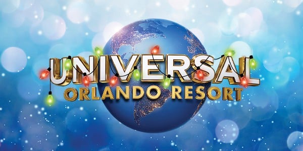 Universal Studios Orlando Resort logo atop a glowing globe wrapped in vibrant holiday lights, inviting guests to celebrate seasonal excitement and enjoy special Holiday Passholder Perks at the park.