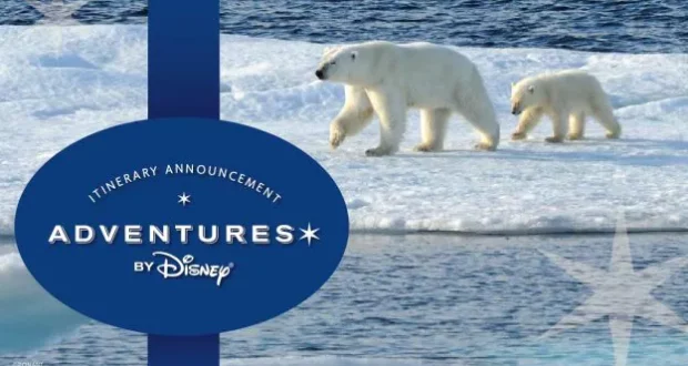 Two polar bears exploring the Arctic ice beside sparkling water, with an "Adventures by Disney" 2023 Expedition Cruises itinerary announcement overlaying the scene, inviting Disney fans to embark on a magical journey.