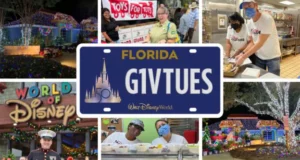 A vibrant collage showcasing Disney Cast Members volunteering, Toys for Tots holiday donations, dazzling Christmas lights throughout the park, the iconic Walt Disney World entrance sign, and a Florida license plate reading "G1VTUES"—all highlighting Walt Disney World's festive spirit on Giving Tuesday.
