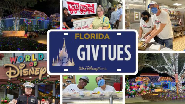 A vibrant collage showcasing Disney Cast Members volunteering, Toys for Tots holiday donations, dazzling Christmas lights throughout the park, the iconic Walt Disney World entrance sign, and a Florida license plate reading "G1VTUES"—all highlighting Walt Disney World's festive spirit on Giving Tuesday.
