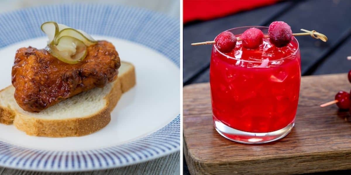 On the left, fried chicken on sliced bread topped with pickles on a striped plate. On the right, a bright red cocktail with ice and skewered cranberries on a wooden plank.