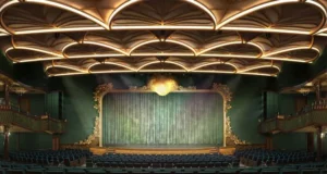 Majestic theater with an intricate ceiling, lush green curtain framing the stage, and rows of blue seats awaiting Guests—an immersive venue designed for unforgettable Disney Wish performances like the live, spectacular The Little Mermaid.