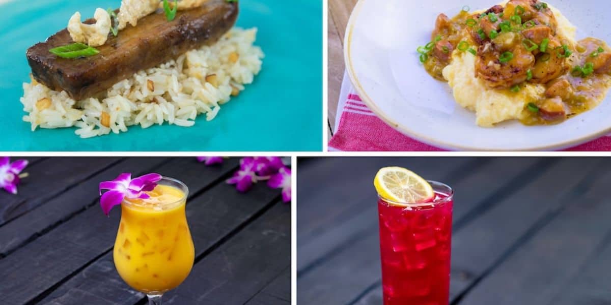 A collage of four dishes: a slice of roasted meat on rice, a plate of shrimp and grits, a mango smoothie garnished with an orchid, and a red drink with a lemon slice.