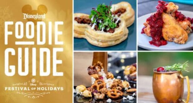 Collage of holiday-themed food items: puff pastries with greens, chicken wings with cranberries, a snack mix of pretzels and nuts, and a copper mug with a rosemary sprig. Text reads "Disneyland Foodie Guide Festival of Holidays.