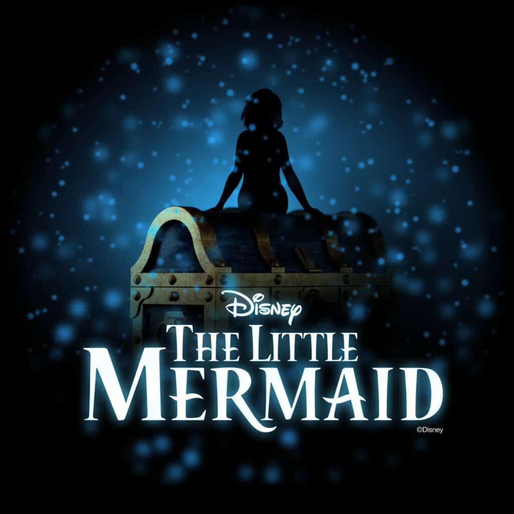 A silhouette of Ariel perched atop a treasure chest, with The Little Mermaid logo from Disney displayed underneath.