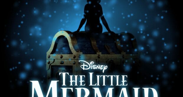A silhouette of Ariel perched atop a treasure chest, with The Little Mermaid logo from Disney displayed underneath.