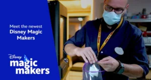 A Disney Cast Member in a face mask gets magical gear ready; on-screen text announces, "Meet the newest Disney Magic Makers—dedicated Cast Members who go above and beyond to make every guest experience unforgettable.