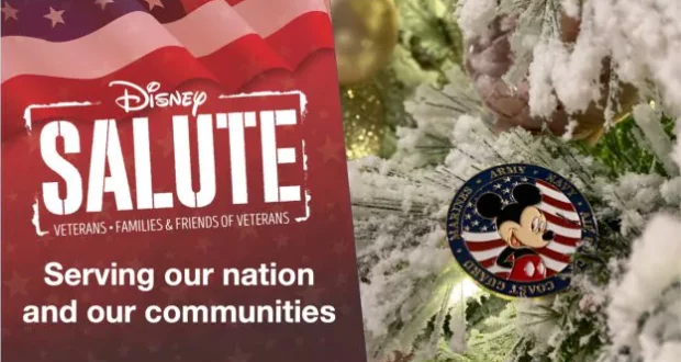 Disney Salute banner displayed next to a snowy Christmas tree branch adorned with a Mickey Mouse military ornament, celebrating the holiday magic while recognizing Disney Salute Teams at Holidays at Walt Disney World and Holidays at Disneyland Resort.