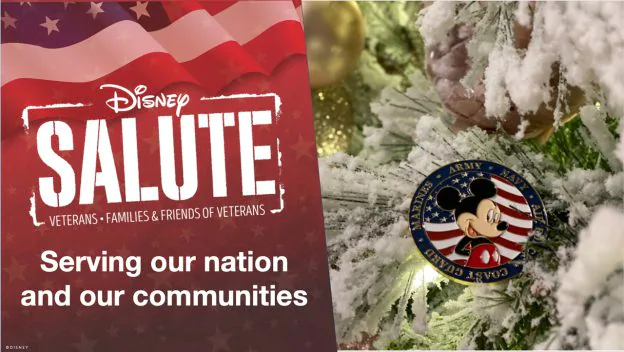 Disney Salute banner displayed next to a snowy Christmas tree branch adorned with a Mickey Mouse military ornament, celebrating the holiday magic while recognizing Disney Salute Teams at Holidays at Walt Disney World and Holidays at Disneyland Resort.
