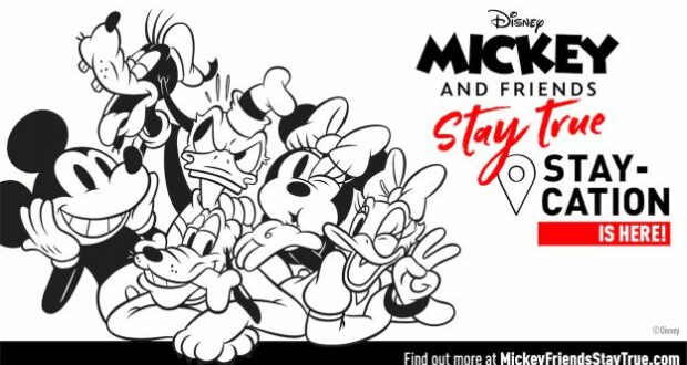 Mickey, Minnie, Donald, Daisy, Goofy, and Pluto gather together in classic Disney style with the festive “Stay-Cation is here!” slogan displayed beside them.