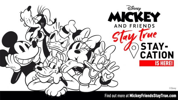 Mickey, Minnie, Donald, Daisy, Goofy, and Pluto gather together in classic Disney style with the festive “Stay-Cation is here!” slogan displayed beside them.