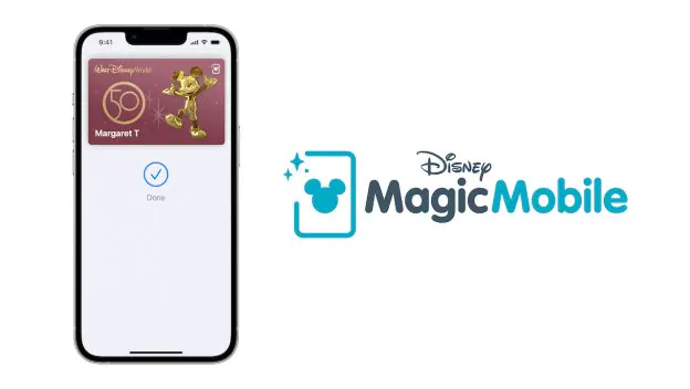 A smartphone screen shows a Disney MagicMobile pass, showcasing the seamless entry and digital convenience of Disney park admission, with the MagicMobile logo displayed alongside.