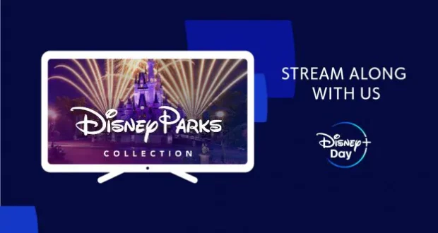 A TV displays the iconic Disney castle illuminated by vibrant fireworks, inviting fans to "Celebrate Disney+ Day—Stream Along With Us, Disney+ Day, Disney Parks Collection," perfect for those who love the magic of Disney parks and entertainment.