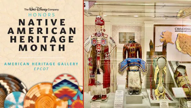 At EPCOT’s American Heritage Gallery, guests can explore a vibrant Disney Native American Heritage Month display featuring a celebratory sign alongside authentic Native American clothing and artifacts, highlighting the traditions and history of Indigenous communities in an immersive theme park setting.