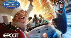 Remy’s Ratatouille Adventure at Epcot, where guests ride through a whimsical Paris kitchen alongside animated Remy and a chef, capturing the excitement and immersive magic of Disney World entertainment.