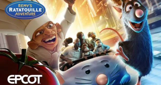 Remy’s Ratatouille Adventure at Epcot, where guests ride through a whimsical Paris kitchen alongside animated Remy and a chef, capturing the excitement and immersive magic of Disney World entertainment.