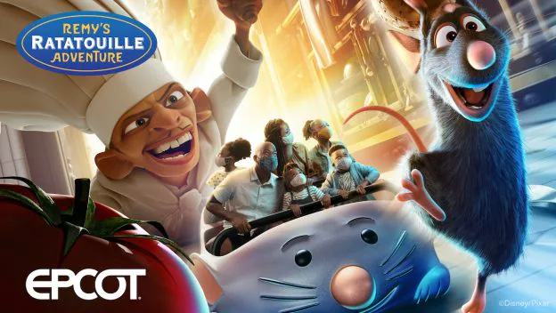 Remy’s Ratatouille Adventure at Epcot, where guests ride through a whimsical Paris kitchen alongside animated Remy and a chef, capturing the excitement and immersive magic of Disney World entertainment.