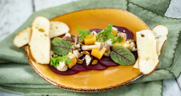 A colorful EPCOT Festival of the Arts dish features sliced beets, cheese cubes, fresh greens, mushrooms, and toast arranged creatively on an oval plate over a green cloth—an edible masterpiece that captures the spirit of Disney’s celebration of food and artistry.