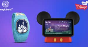 A 2022 blue MagicBand+ and a Mickey Mouse-themed smart display rest on a purple backdrop featuring Disney logos, evoking the excitement and immersive magic of Disney parks and experiences.