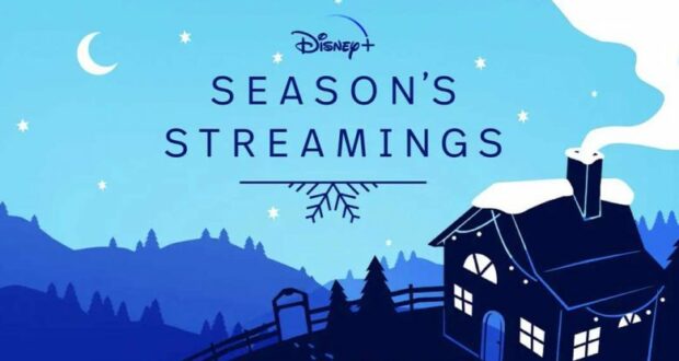 A whimsical, snow-dusted cabin illuminated under a night sky with "Disney+ Season’s Streamings" sparkling overhead, set in a magical blue-toned landscape reminiscent of Main Street, U.S.A. during the holidays, inviting guests to experience the Disney+ Holiday Collection—just like stepping into a winter wonderland at Disneyland or Walt Disney World.