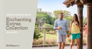 Happy couple strolls through Walt Disney World, drinks in hand, taking in scenic tours surrounded by lush trees and wooden attractions.