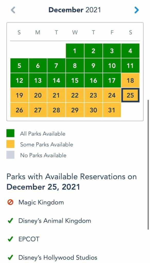December 2021 calendar displaying Walt Disney World park reservation availability for Christmas Day, December 25.