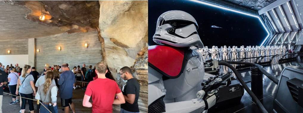 Guests line up inside the Batuu-inspired cavern of Star Wars: Rise of the Resistance, waiting out a ride delay; nearby, First Order stormtroopers stand guard in their striking bays aboard a Star Destroyer.