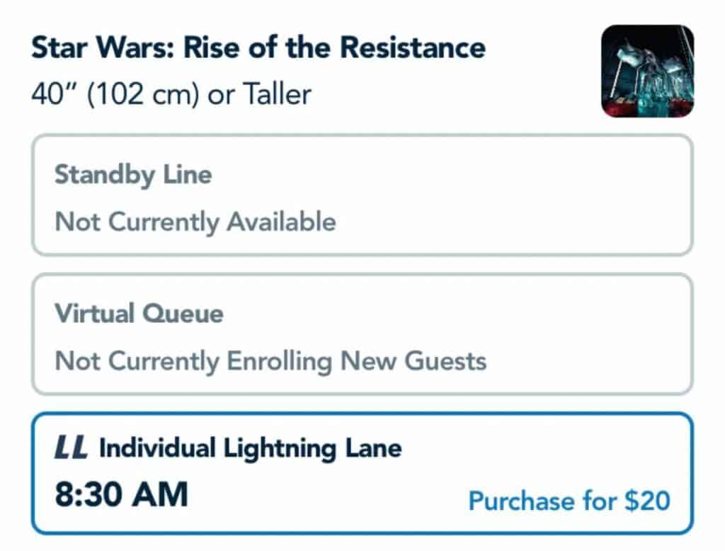 Star Wars: Rise of the Resistance attractions update—during the Holiday Season, both standby and virtual queues are unavailable. Secure your spot with Individual Lightning Lane access, available for $20 starting at 8:30 AM.