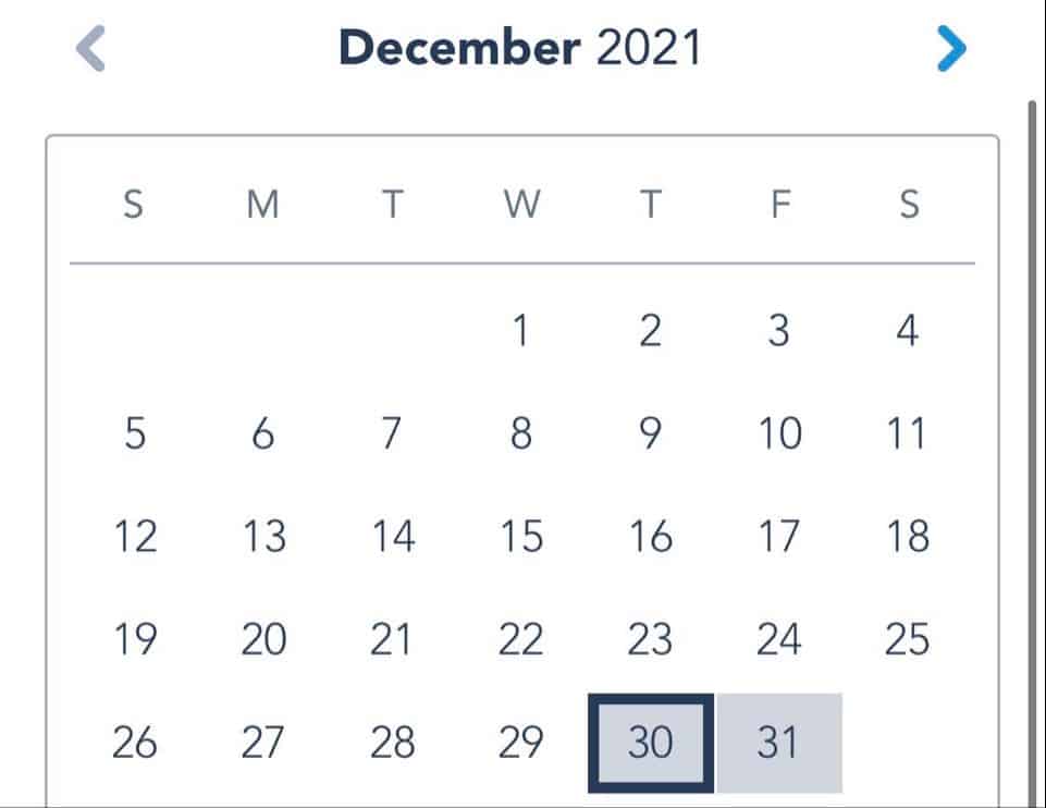 December 2021 calendar with the 30th marked in a bold, dark box—helping Disney World fans plan their magical visit right before New Year's Eve crowds roll in.