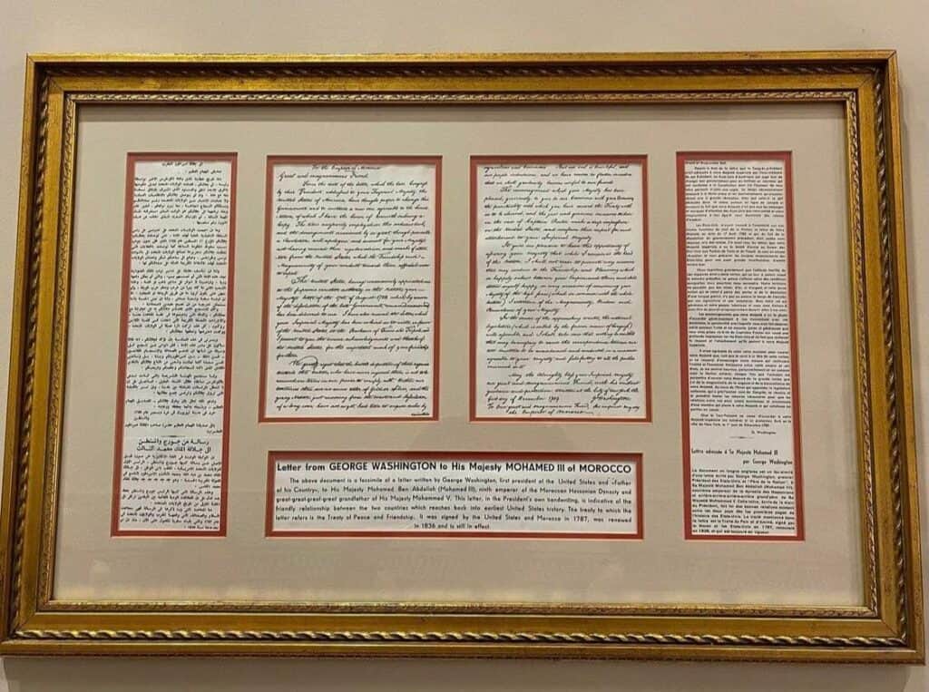 A distinguished letter from George Washington to Morocco’s Sultan Mohammed III, beautifully displayed with translations in EPCOT’s Morocco Pavilion—a showcase enhanced by Zach Riddley’s design touches.