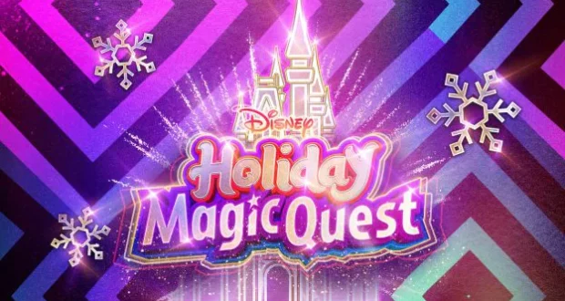 Disney Holiday Magic Quest logo with Cinderella Castle, sparkling snowflakes, and a vibrant purple geometric backdrop evokes the festive atmosphere of Disney Parks during the holidays.