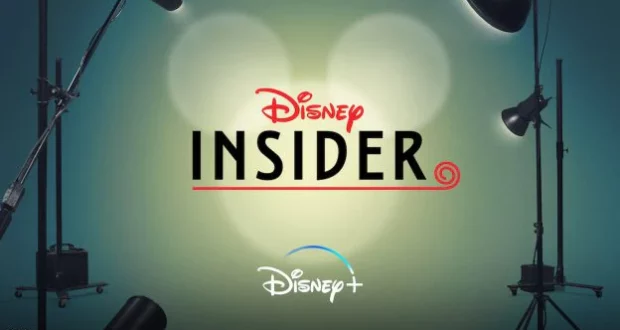 Disney Insider logo with Disney+ branding, surrounded by vibrant studio lights and a Mickey Mouse-shaped spotlight reminiscent of Main Street celebrations, capturing the thrilling anticipation of a new episode reveal for Disney fans.