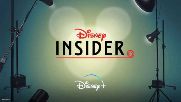 Disney Insider logo with Disney+ branding, surrounded by vibrant studio lights and a Mickey Mouse-shaped spotlight reminiscent of Main Street celebrations, capturing the thrilling anticipation of a new episode reveal for Disney fans.