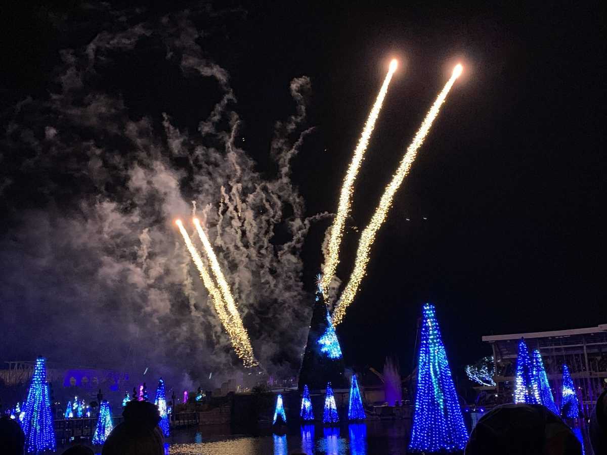 Fireworks light up the night sky above SeaWorld Orlando’s iconic cone-shaped structure, casting a glow over the lake and illuminating blue-lit trees for an unforgettable New Year’s Eve celebration.