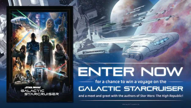 Step into the excitement of the Star Wars universe with a contest to win an immersive journey on the legendary Star Wars: Galactic Starcruiser! The vibrant poster showcases iconic spaceships and dynamic lettering, calling Disney Parks guests to embark on this unforgettable themed adventure and make Star Wars dreams come true aboard the Galactic Starcruiser.