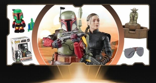 Star Wars merchandise including toys, collectibles, plush characters, sunglasses, and a Yoda figure showcased in a sci-fi inspired display at Star Wars: Galaxy's Edge.