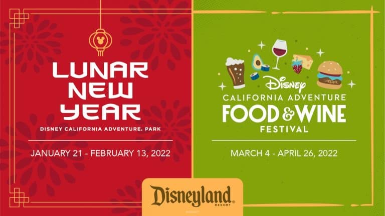 Vibrant red and green split graphic celebrating both the Lunar New Year and Disney California Adventure’s Food & Wine Festival, signaling the festivities at Disneyland Resort in early 2022.