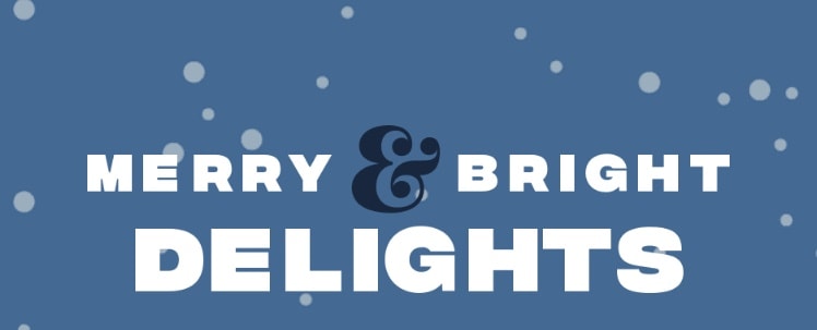 Festive white lettering spells out "Merry & Bright Delights" against a vibrant blue backdrop sprinkled with twinkling snow-like dots, evoking the sparkling magic of a winter celebration at a holiday-themed amusement park.