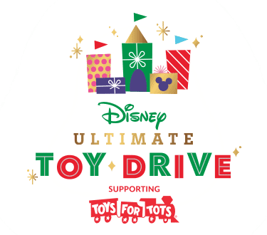Stacks of vibrant Disney-themed gifts in front of an enchanting castle backdrop, with a festive message: Join the Disney Ultimate Toy Drive to help Toys for Tots spread magic this holiday season.